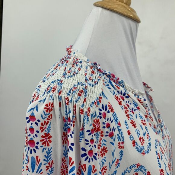 Talbots Blouse Womens M Medium White Blue Shirred Notch Floral Peasant Paisley - Picture 6 of 14